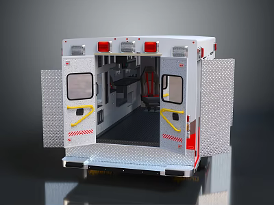 White Ambulance Rear View With Open Doors And Interior Medical Equipment Seats 3d model