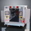 White Ambulance Rear View With Open Doors And Interior Medical Equipment Seats