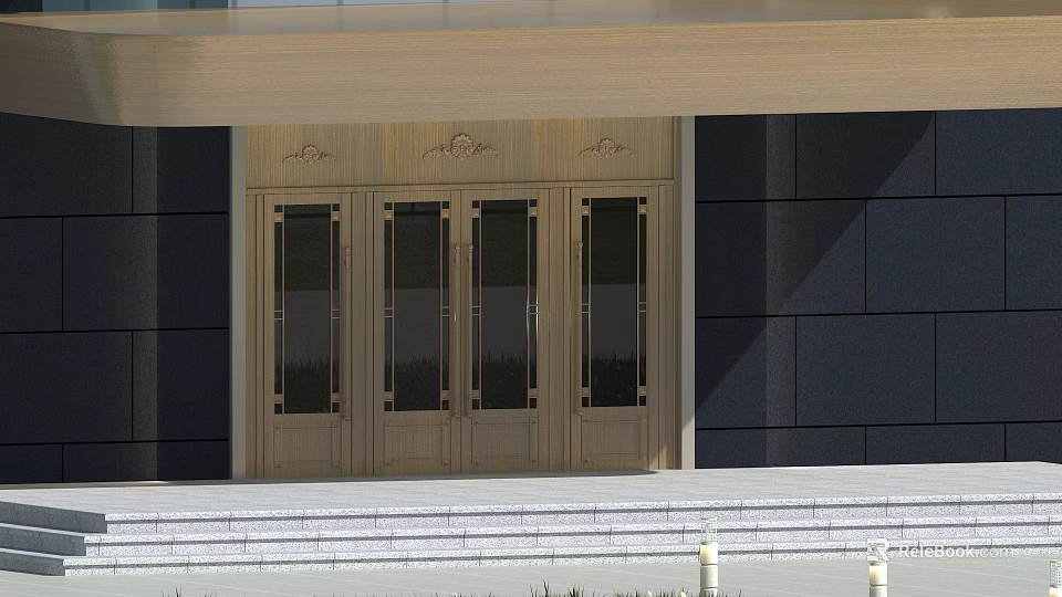 Wooden Entrance Doors With Glass Panels On Dark Wall Building Entrance With Steps 3d model 