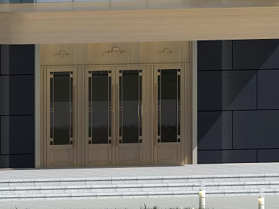 Wooden Entrance Doors With Glass Panels On Dark Wall Building Entrance With Steps 3d model