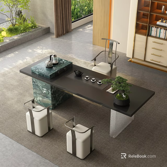 Modern Tea Table And Chairs With Black Marble Top Tea Sets And Potted Plant 3d model 