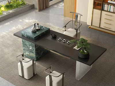 Modern Tea Table And Chairs With Black Marble Top Tea Sets And Potted Plant 3d model