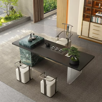 Modern Tea Table And Chairs With Black Marble Top Tea Sets And Potted Plant 3d model