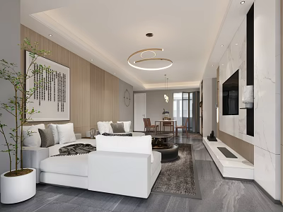 Contemporary Living and Dining Room Interior With White Sofas Wooden Walls And Round Ceiling Light 3d model