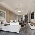 Contemporary Living and Dining Room Interior With White Sofas Wooden Walls And Round Ceiling Light
