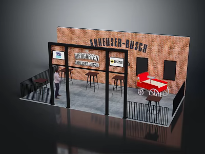 Bar Stools And Red Cart Furniture In Exhibition Stand With Brick Wall 3d model
