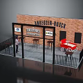 Bar Stools And Red Cart Furniture In Exhibition Stand With Brick Wall
