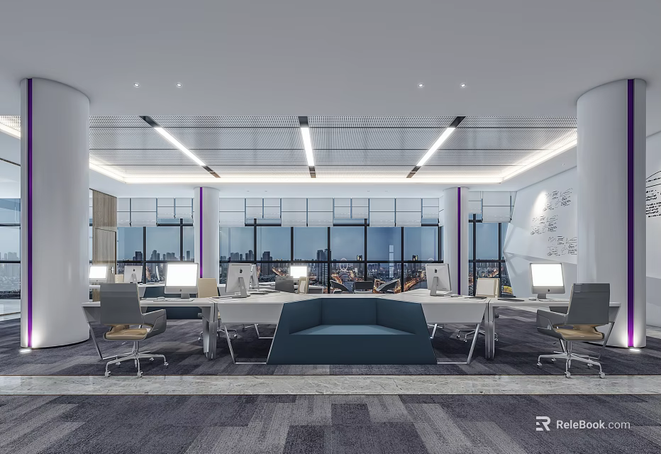 Modern Bright Public Office Space with White Desks Blue Sofa Large Windows and Gray Carpet 3d model 