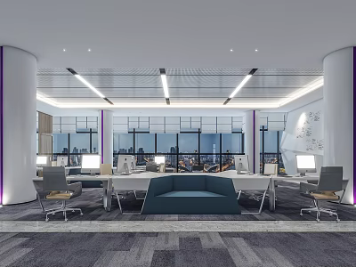 Modern Bright Public Office Space with White Desks Blue Sofa Large Windows and Gray Carpet 3d model