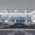 Modern Bright Public Office Space with White Desks Blue Sofa Large Windows and Gray Carpet