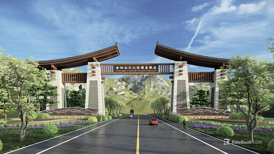 Traditional Chinese Entrance Gate With Symmetrical Structure Green Plants And Mountain Background 3d model 