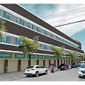 Modern Commercial Street With Glass Curtain Walls Multi Storey Shops Vehicles And Pedestrians
