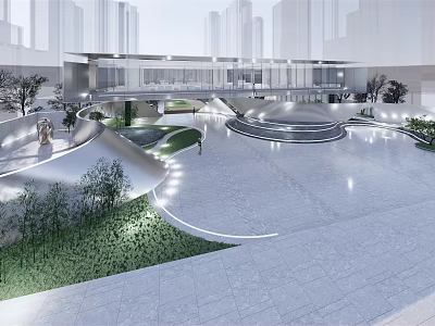 Modern Sales Office Building with Streamlined Design Urban Plaza Marble Flooring Greenery and Ambient Lighting 3d model