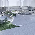 Modern Sales Office Building with Streamlined Design Urban Plaza Marble Flooring Greenery and Ambient Lighting