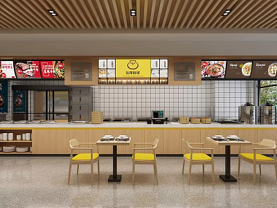 Modern Restaurant Interior With Counter Tables Yellow Chairs And Menu Boards 3d model