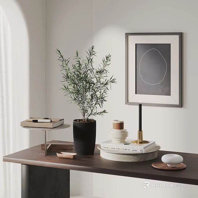 Indoor Olive Tree Bonsai in Black Pot with Wooden Shelf Books and Wall Art 3d model 