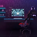 Modern Gaming Cafe Interior Featuring Neon Lights Ergonomic Chair Computer Headphones Keyboard And Decorative Figurines