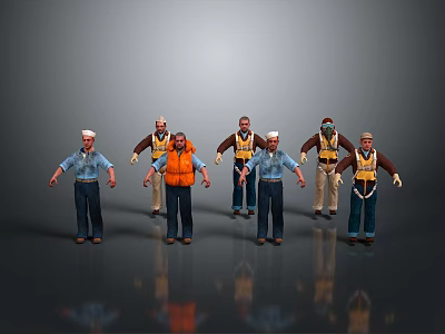Game And Movie Characters In Blue Shirts Orange Life Vests Hats With Different Poses Standing 3d model