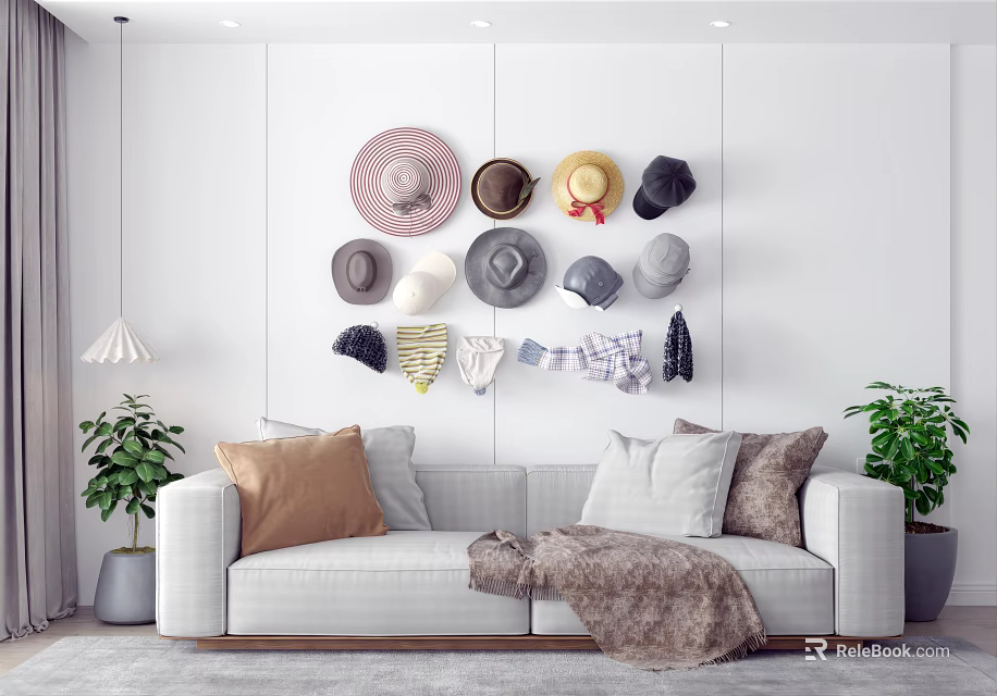 Various Stylish Hats Hanging On Wall In Modern Living Room With Sofa Pillows And Plants 3d model 
