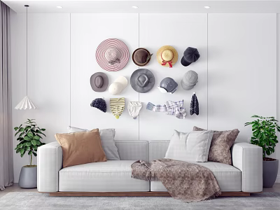 Various Stylish Hats Hanging On Wall In Modern Living Room With Sofa Pillows And Plants 3d model