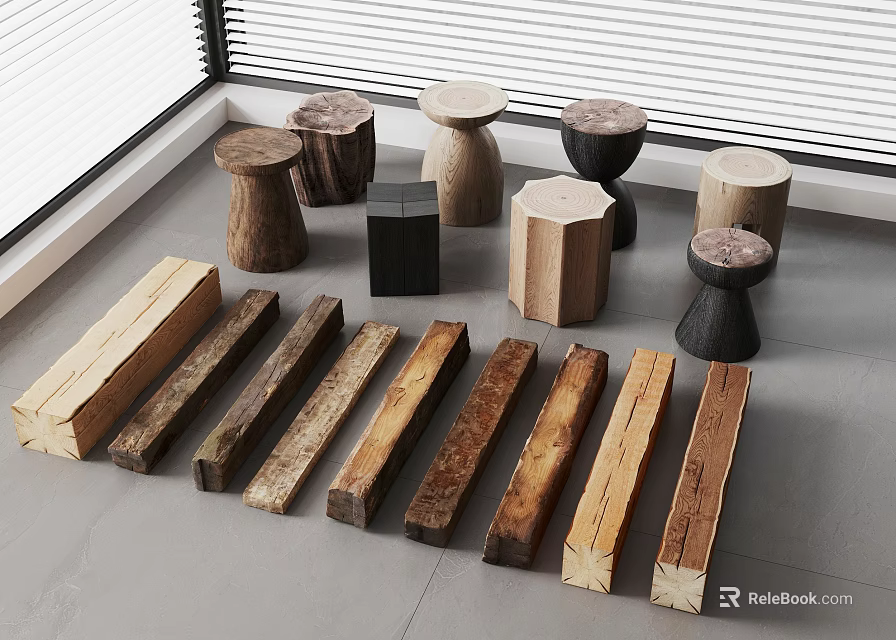 Rustic Stone And Wood Stools And Planks For Home Interior Design 3d model 