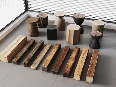 Rustic Stone And Wood Stools And Planks For Home Interior Design 3d model