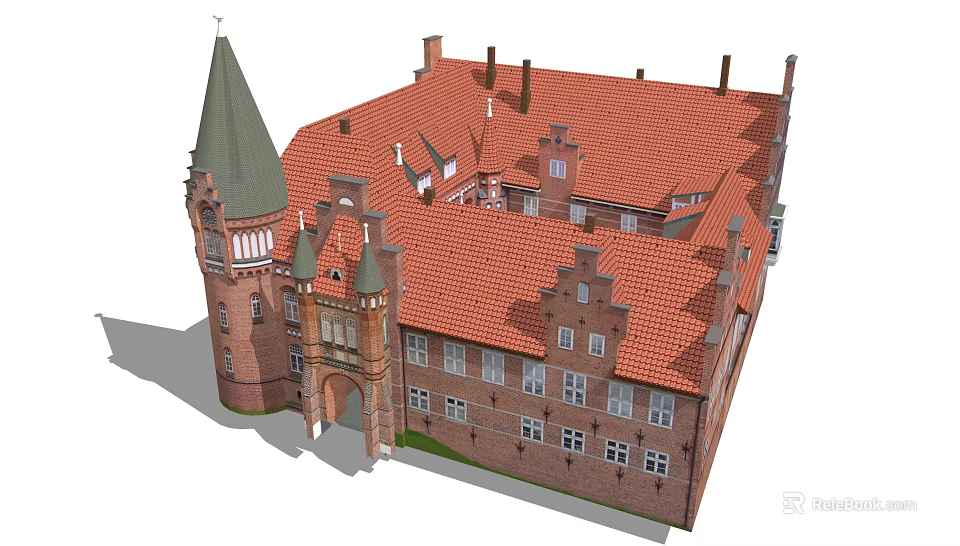 Traditional European Red Brick Building With Pointed Towers Red Tiled Roofs And Arched Entrance 3d model 