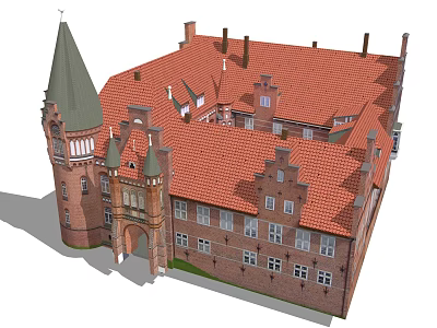 Traditional European Red Brick Building With Pointed Towers Red Tiled Roofs And Arched Entrance 3d model
