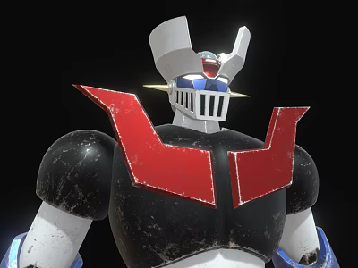 Man Piloting Vintage Robot With White Head Red Shoulders Black Body And Blue Arms 3d model