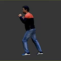 Man In Red Black Sweater Blue Jeans Blue Sneakers In Boxing Stance On Gray Background
