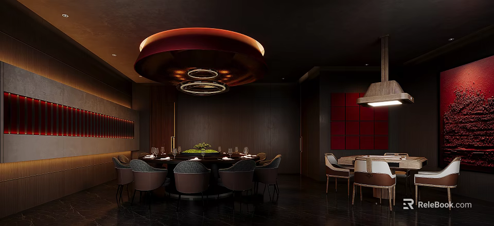 Hotel Guest Room Interior With Round Dining Table Red Circular Chandelier And Dark Wood Decor 3d model 