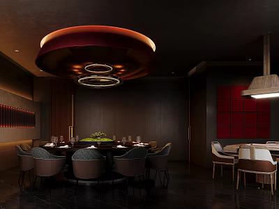 Hotel Guest Room Interior With Round Dining Table Red Circular Chandelier And Dark Wood Decor 3d model