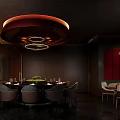 Hotel Guest Room Interior With Round Dining Table Red Circular Chandelier And Dark Wood Decor