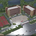 Twin Modern Office Buildings With Basketball Courts Central Square Parking And Lush Greenery