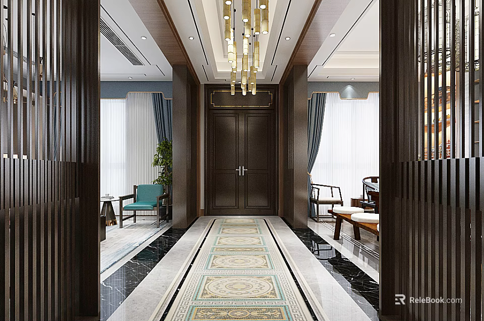 Luxurious Foyer Hallway With Wooden Lattice Golden Chandelier Decorative Rug And Marble Flooring 3d model 