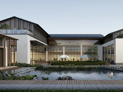 Modern Traditional Boutique Hotel Building With Courtyard Water Pool Green Landscaping And Wooden Deck 3d model