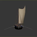 Traditional Wooden Boat with Two Beige Sails Blue Trim and Multiple Oars on Dark Background