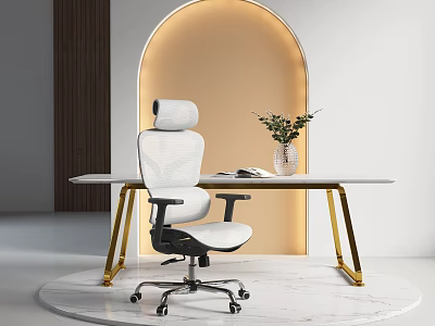 Modern Ergonomic Desk Chair Set With White Table Golden Legs And Green Plant 3d model