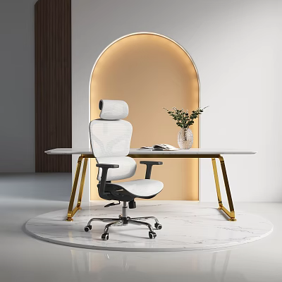 Modern Ergonomic Desk Chair Set With White Table Golden Legs And Green Plant 3d model