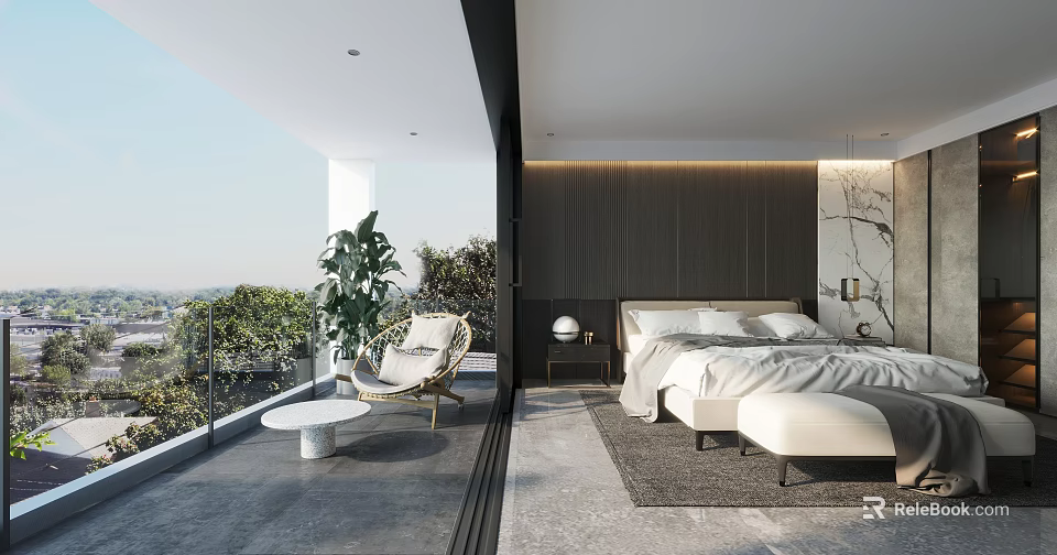 Modern Bedroom Interior Design With Large Windows Balcony Plants White Bed And Armchair 3d model 
