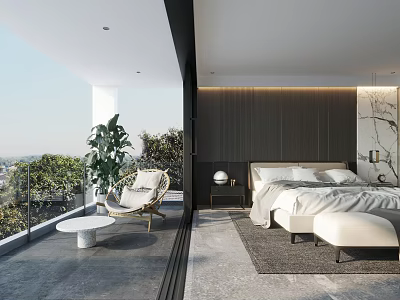 Modern Bedroom Interior Design With Large Windows Balcony Plants White Bed And Armchair 3d model