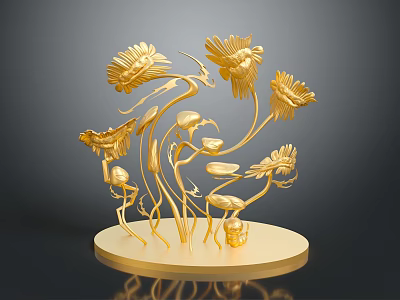 Ornate Golden Plant Sculpture With Flowers Birds Stems And Circular Base 3d model