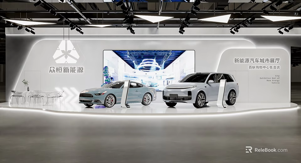 Modern Exhibition Booth Displaying New Energy Vehicles With Large Screen And Lighting 3d model 