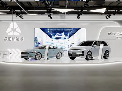 Modern Exhibition Booth Displaying New Energy Vehicles With Large Screen And Lighting 3d model