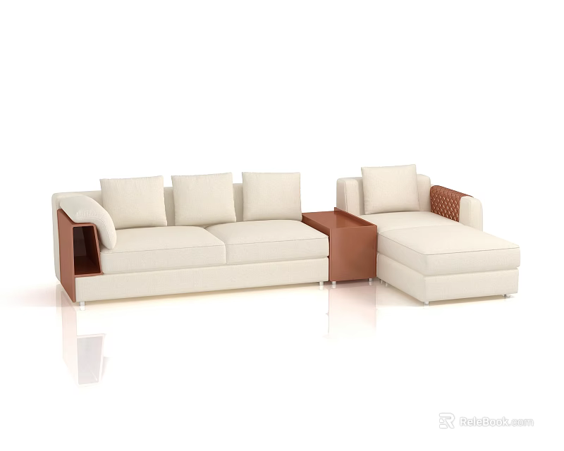 Modern Beige Sofa Set With Wooden Armrests And Matching Side Table 3d model