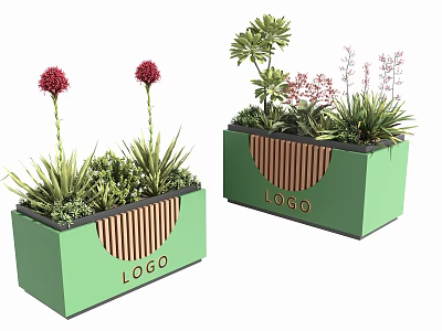 Modern Bonsai Potted Plants in Green Planters with Wooden Strips Logo and Red Flowers 3d model