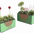 Modern Bonsai Potted Plants in Green Planters with Wooden Strips Logo and Red Flowers