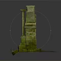 Ancient Weathered Stone Ruin Structure With Moss Covered Archway And Pillars
