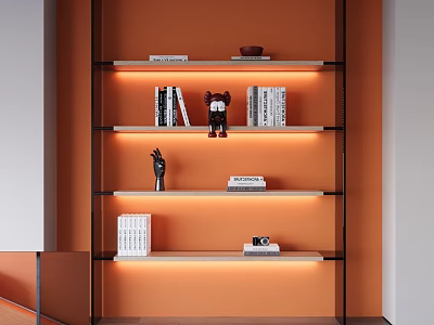 Modern Bookcase with Orange Background Shelves Books Decorative Items and Lighting 3d model