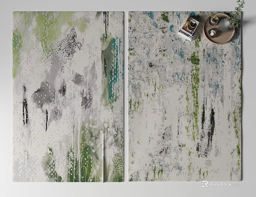 Modern Artistic Square Rug With Green White Blue Abstract Brushstroke Patterns For Home Decor 3d model 